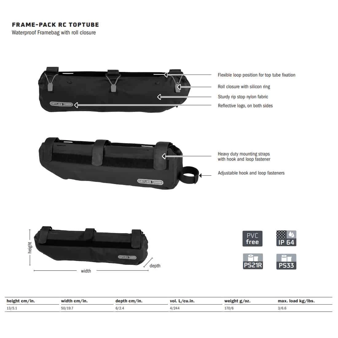Ortlieb Frame-Pack RC Toptube Rahmentasche (4 L) - Wasserdichte Fahrradtasche für den Oberrohr-Montage 4 Ortlieb Frame-Pack RC Toptube Rahmentasche (4 L) - Wasserdichte Fahrradtasche für den Oberrohr-Montage – Bild 4