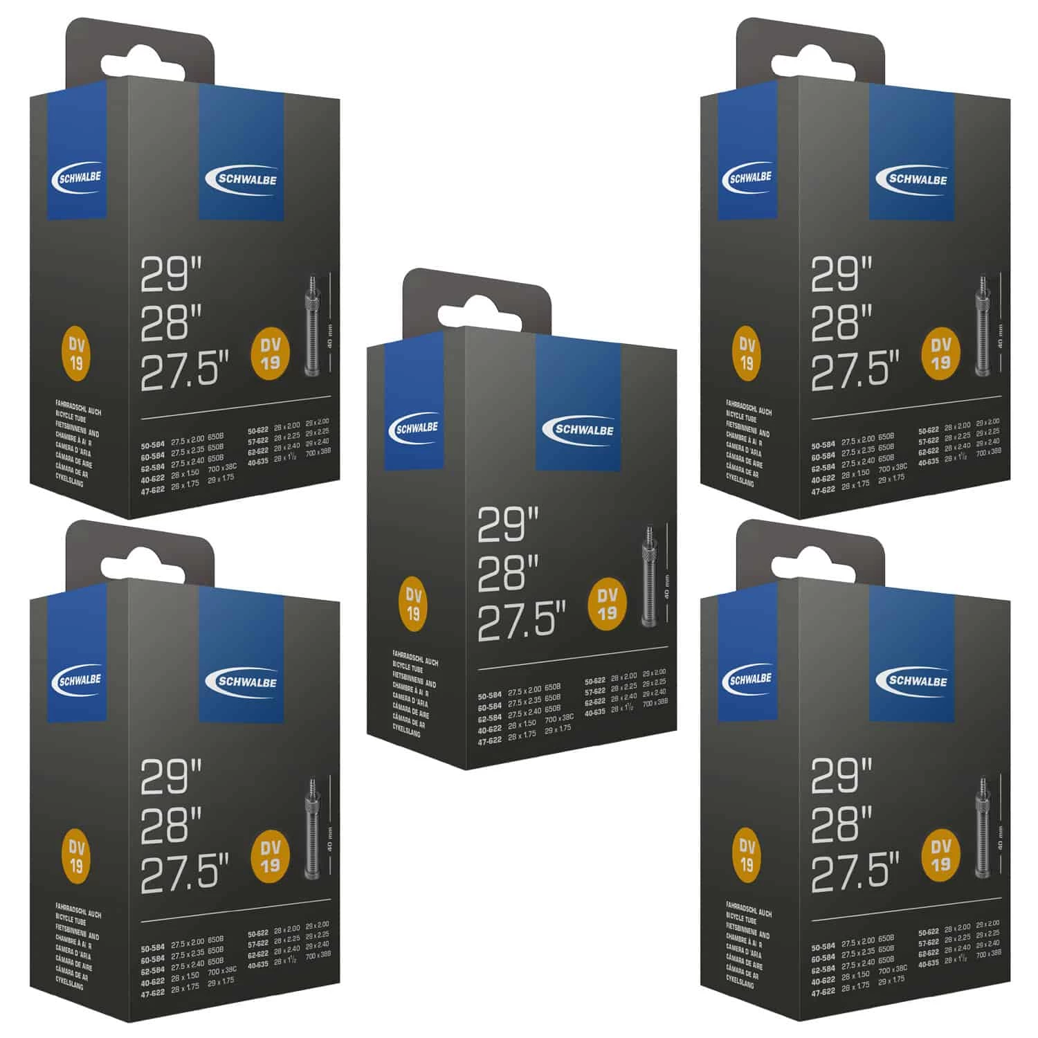 Schwalbe DV 19 Fahrradschlauch (27,5"/28"/29") 5er-Set - Hochwertige Ersatzschläuche für MTB, Trekking & City-Bikes 1 Schwalbe DV 19 Fahrradschlauch (27,5"/28"/29") 5er-Set - Hochwertige Ersatzschläuche für MTB, Trekking & City-Bikes